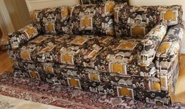 Down Cushion Sofa

Measures 31"tall x 84"wide x 36"deep. Overall excellent condition (we see one hanging thread). Made by W&J Sloane Inc. Upholstered in beautiful asian and peacock design. This sofa was kept in unused room in the house. 