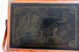 Chinese Handpainted Medicine Box

To top of handle, stands 24"tall x 17"wide x 11 1/2"deep. Handcrafted and handpainted. Intricate scroll design on top and on the wicker. 8 drawers, 4 on each side. 