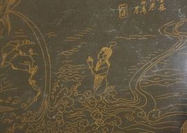 Chinese Handpainted Medicine Box

To top of handle, stands 24"tall x 17"wide x 11 1/2"deep. Handcrafted and handpainted. Intricate scroll design on top and on the wicker. 8 drawers, 4 on each side. 