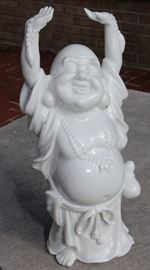 Buddha Stand

Pretty Asian-themed wall hanging, 3-shelved unit with Buddha figurine and vase as shown in pictures. Measures 46"tall x 9 1/2"wide x 7 1/2"deep. Buddha figurine is 9 1/2"tall. Overall very good condition. Black painted with copper-toned trim. No identifying markings on the Buddha figure. 