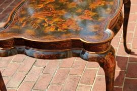 Beautiful Handpainted Side Table

Japanned. Measures 24"tall x 38"wide x 29"deep. Handpainted by: Maitland-Smith LTD. Small sticker on bottom reads: Handmade in Phillipines. Another sticker has written on it: 2543-220. Very beautiful, has pad feet and floral design top with birds. 
