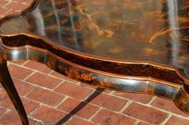 Beautiful Handpainted Side Table

Japanned. Measures 24"tall x 38"wide x 29"deep. Handpainted by: Maitland-Smith LTD. Small sticker on bottom reads: Handmade in Phillipines. Another sticker has written on it: 2543-220. Very beautiful, has pad feet and floral design top with birds. 