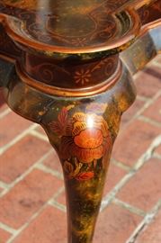 Beautiful Handpainted Side Table

Japanned. Measures 24"tall x 38"wide x 29"deep. Handpainted by: Maitland-Smith LTD. Small sticker on bottom reads: Handmade in Phillipines. Another sticker has written on it: 2543-220. Very beautiful, has pad feet and floral design top with birds. 