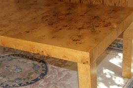 Table has 2 leaves, each 18"

Table is 30"t and 40"w.

With both 18" leaves table is 8'4" long.

Table top is 1 1/4" thick

Solid Oak Parson's Dining Table. Olive oak burl veneer.
Manufactured by Lane Corporation. Excellent overall condition with some minor visible signs of wear. 