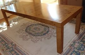 Table has 2 leaves, each 18"

Table is 30"t and 40"w.

With both 18" leaves table is 8'4" long.

Table top is 1 1/4" thick

Solid Oak Parson's Dining Table. Olive oak burl veneer.
Manufactured by Lane Corporation. Excellent overall condition with some minor visible signs of wear. 