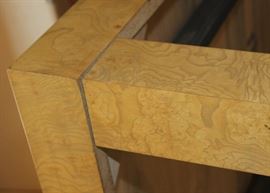 Table has 2 leaves, each 18"

Table is 30"t and 40"w.

With both 18" leaves table is 8'4" long.

Table top is 1 1/4" thick

Solid Oak Parson's Dining Table. Olive oak burl veneer.
Manufactured by Lane Corporation. Excellent overall condition with some minor visible signs of wear. 