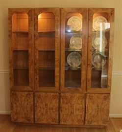 China Cabinet

Measures 6'4"tall x 5'4"wide x 17"deep.

Buffet-bottom measures 24"tall, top half is 52"tall.

Manufactured by Lane Corporation. Solid, olive oak burl veneer. Double backlit. 