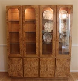China Cabinet

Measures 6'4"tall x 5'4"wide x 17"deep.

Buffet-bottom measures 24"tall, top half is 52"tall.

Manufactured by Lane Corporation. Solid, olive oak burl veneer. Double backlit. 