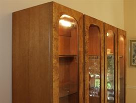 China Cabinet

Measures 6'4"tall x 5'4"wide x 17"deep.

Buffet-bottom measures 24"tall, top half is 52"tall.

Manufactured by Lane Corporation. Solid, olive oak burl veneer. Double backlit. 