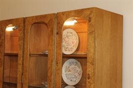 China Cabinet

Measures 6'4"tall x 5'4"wide x 17"deep.

Buffet-bottom measures 24"tall, top half is 52"tall.

Manufactured by Lane Corporation. Solid, olive oak burl veneer. Double backlit. 