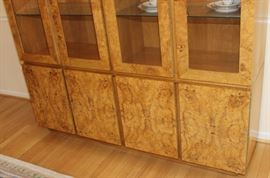 China Cabinet

Measures 6'4"tall x 5'4"wide x 17"deep.

Buffet-bottom measures 24"tall, top half is 52"tall.

Manufactured by Lane Corporation. Solid, olive oak burl veneer. Double backlit. 