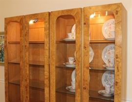 China Cabinet

Measures 6'4"tall x 5'4"wide x 17"deep.

Buffet-bottom measures 24"tall, top half is 52"tall.

Manufactured by Lane Corporation. Solid, olive oak burl veneer. Double backlit. 