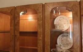 China Cabinet

Measures 6'4"tall x 5'4"wide x 17"deep.

Buffet-bottom measures 24"tall, top half is 52"tall.

Manufactured by Lane Corporation. Solid, olive oak burl veneer. Double backlit. 