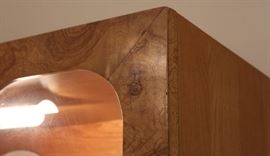 China Cabinet

Measures 6'4"tall x 5'4"wide x 17"deep.

Buffet-bottom measures 24"tall, top half is 52"tall.

Manufactured by Lane Corporation. Solid, olive oak burl veneer. Double backlit. 