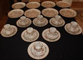  Gorham China Set

Hardly used, no chips or wear. Appears to be 8 five-piece place settings, however 1 dessert plate is missing.

8 dinner plates, 10 1/2" diameter
8 salad plates, 8 1/2" diameter
7 dessert plates, 6 1/4" diameter
8 saucers, 5 3/4" diameter
8 tea cups, 3 1/4"tall, 3 1/2" opening

All patterns match, dinner plates indicate the pattern is "Chinoiserie"