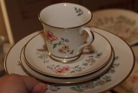  Gorham China Set

Hardly used, no chips or wear. Appears to be 8 five-piece place settings, however 1 dessert plate is missing.

8 dinner plates, 10 1/2" diameter
8 salad plates, 8 1/2" diameter
7 dessert plates, 6 1/4" diameter
8 saucers, 5 3/4" diameter
8 tea cups, 3 1/4"tall, 3 1/2" opening

All patterns match, dinner plates indicate the pattern is "Chinoiserie"