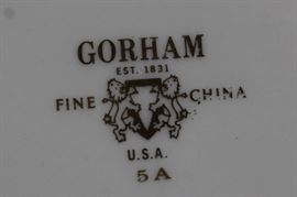  Gorham China Set

Hardly used, no chips or wear. Appears to be 8 five-piece place settings, however 1 dessert plate is missing.

8 dinner plates, 10 1/2" diameter
8 salad plates, 8 1/2" diameter
7 dessert plates, 6 1/4" diameter
8 saucers, 5 3/4" diameter
8 tea cups, 3 1/4"tall, 3 1/2" opening

All patterns match, dinner plates indicate the pattern is "Chinoiserie"