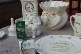  Belleek Porcelain Collection

Includes 8 pieces of fine Irish Beleek Porcelain.

1 Carlingford Cache Pot, 5 3/4"tall
1 "Happy Anniversary" Plate, 9" diameter
1 vine clock, 7 1/2"tall
1 ring holder
1 house-shaped ornament, inside marked "Thirteenth Edition"
1 Claddagh Make-Up Bell
1 leprechaun figurine, 5"tall
1 "Himself" titled mug, 4 3/4"tall

All pieces are in very good condition, no wearing of paint or chipping of ceramics. 