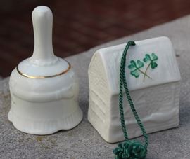  Belleek Porcelain Collection

Includes 8 pieces of fine Irish Beleek Porcelain.

1 Carlingford Cache Pot, 5 3/4"tall
1 "Happy Anniversary" Plate, 9" diameter
1 vine clock, 7 1/2"tall
1 ring holder
1 house-shaped ornament, inside marked "Thirteenth Edition"
1 Claddagh Make-Up Bell
1 leprechaun figurine, 5"tall
1 "Himself" titled mug, 4 3/4"tall

All pieces are in very good condition, no wearing of paint or chipping of ceramics. 