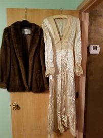 mink coat, vintage silk dress