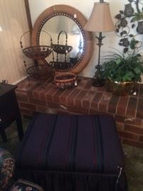 Mirror, lamp, and other decor; small ottoman