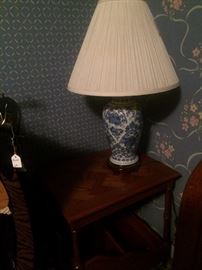 Small side table; blue & white lamp