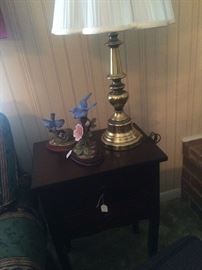 Side table, lamp, and bluebirds