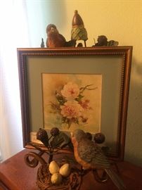 Ceramic birds and framed roses
