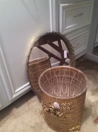Gold waste basket & mirrored tray