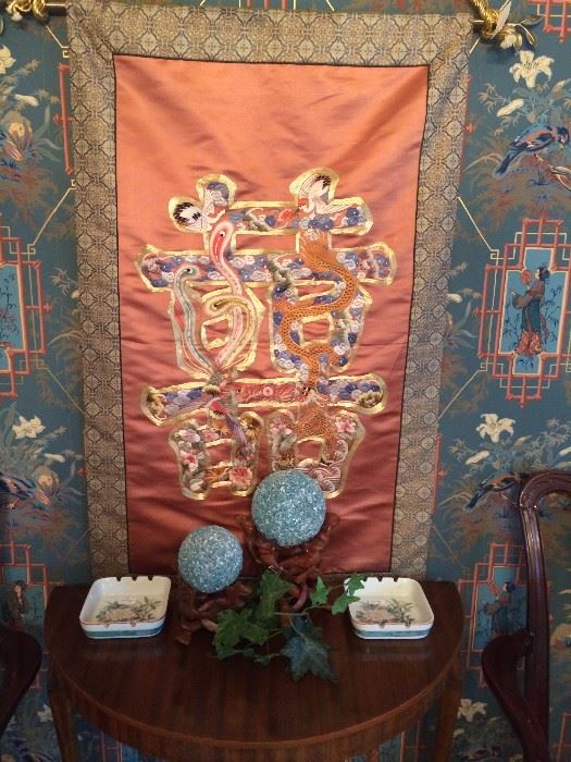Demilune table; Asian silk tapestry