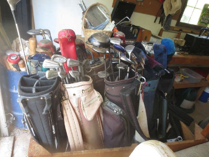 Golf bags and clubs