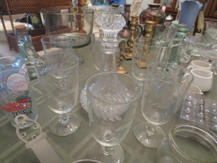 Etched glasses, decanter