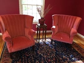 Pair of Ralph Lauren Cranberry Round Back Winged Arm Chairs (39" x 33" x 41")