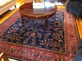 Navy and Cranberry Border Hand Knotted Wool and Silk Oriental Rug (9-1/2" x 8')Kindel Round Mahogany Inlaid Medallion and Border Coffee Table (44")