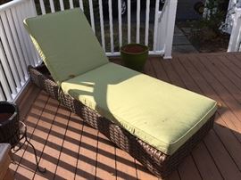 Restoration Hardware Brown Woven Rattan Outdoor Furniture with Green Sunbrella Cushions: Pair of Club Chairs and Ottoman, 2 Chaise Lounge Chairs, Side Table
