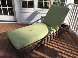 Restoration Hardware Brown Woven Rattan Outdoor Furniture with Green Sunbrella Cushions: Pair of Club Chairs and Ottoman, 2 Chaise Lounge Chairs, Side Table