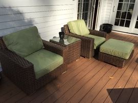 Restoration Hardware Brown Woven Rattan Outdoor Furniture with Green Sunbrella Cushions: Pair of Club Chairs and Ottoman, 2 Chaise Lounge Chairs, Side Table