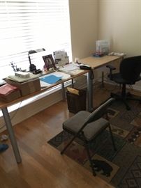 OFFICE SET UP: PAIR OF IKEA TYPE DESKS WORK TABLES, ROLLING DESK CHAIRS, AREA RUG