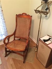 BEAUTIFUL CANED ROCKER, BRASS MUSIC STAND, ADVENT SPEAKERS
