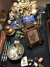 Gilt bronze miniature frames, cloissone, perfums, miniatures, hand painted snuff bottle, large soapstone sculpture, sterling Austirain hand painted miniature lizard, others