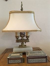  Victorian Brass lamp on four raised feet. Foreground: two Egyptian inlaid MOP boxes