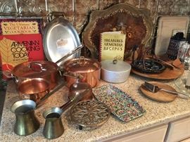 Copper sauce pots and sautee pans, italian serving tray, Armenian cook books
