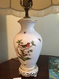 Herend Rothschild Bird lamp with silk shade.