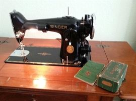 Vintage Singer 201-2 Gear Driven Industrial Machine, Cabinet, Stool & Accessory Box, $375.