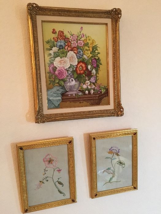 Top: Boehm hand painted ceramic plaque (original cost $4,500 in 1971). Bottom: Pair of Dore gilt bronze frames with inset rubies.