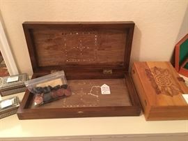 inlaid game board, pyrite box.