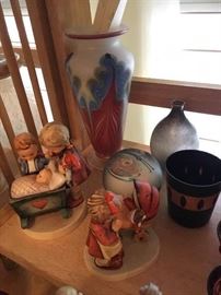 Hummels, Feather vase by Vandermark, Tiffany style "Butterfly" paperweight by Vandermark, diamond amethyst tumbler, hand blown glass form.