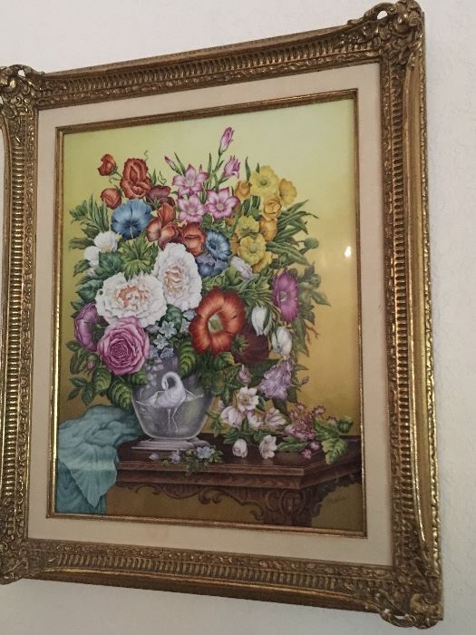 Detail: Boehm "Flowers with Enameled Crane Vase" enameled hand painted porcelain.
