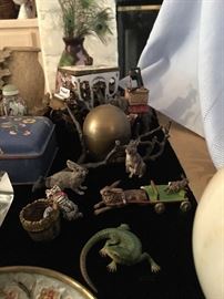 Handpainted Austrian bronzes, rabbit inkwell, Enameled porcelain carriage, Cloissone, jade top snuff bottle