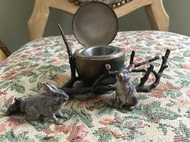 Rabbit Inkwell hand painted bronze